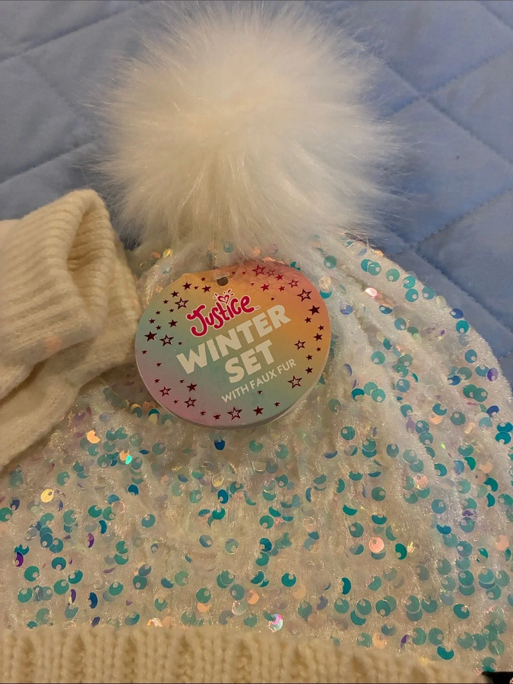 Justice Cream Sequin Pom Beanie with Matching Touchscreen Gloves